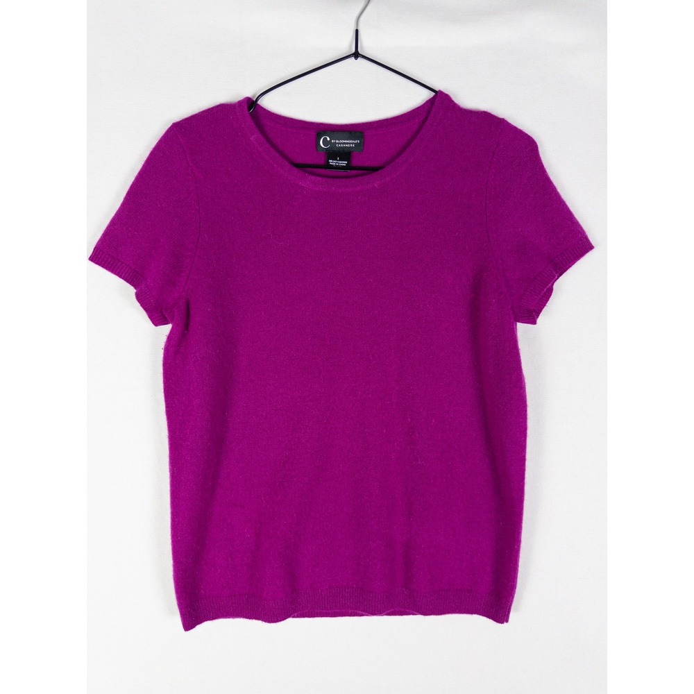 C by Bloomingdale's Cashmere Short Sleeve Crewneck Sweater Womens S Magenta Quie